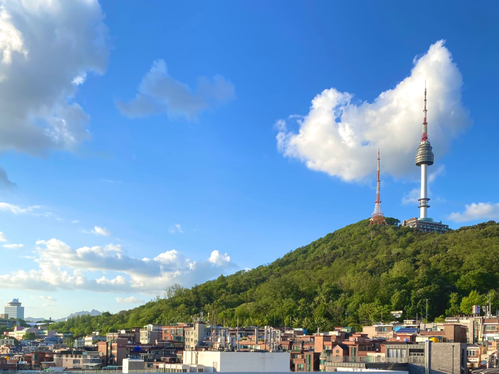 Haebangchon neighborhood panoramic view with N Seoul Tower from Sowol-ro walking route